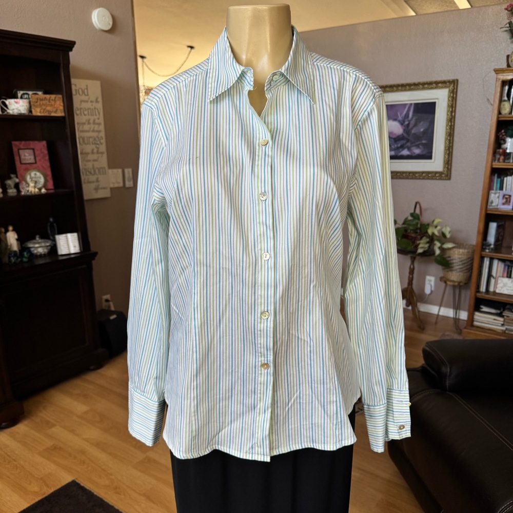 Chico’s pastel striped long sleeve button up shirt-size M